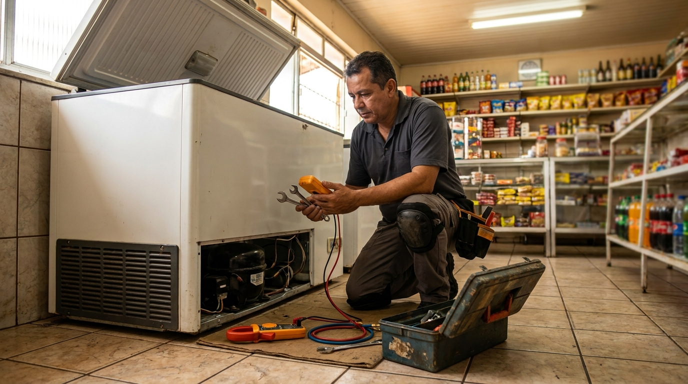Profissional executando manutenção no motor de freezer na Zona Leste de São Paulo‑SP