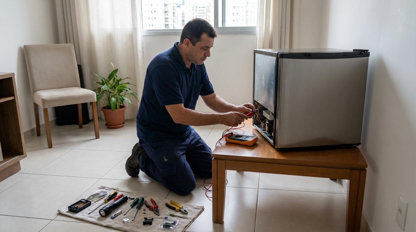 Técnico fazendo manutenção do motor de frigobar na Zona Leste de São Paulo‑SP