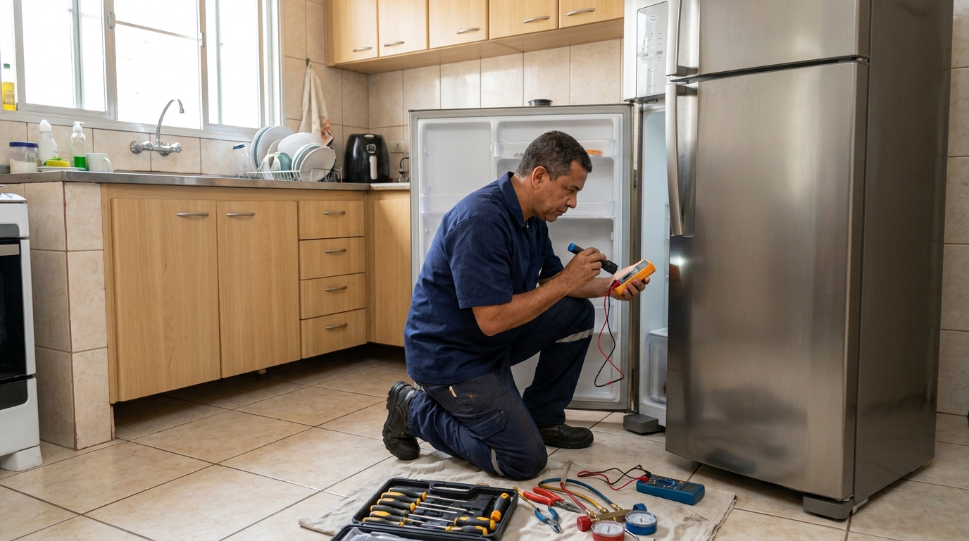 Técnico aplicando recarga de gás refrigerante em geladeira na Zona Leste de São Paulo‑SP